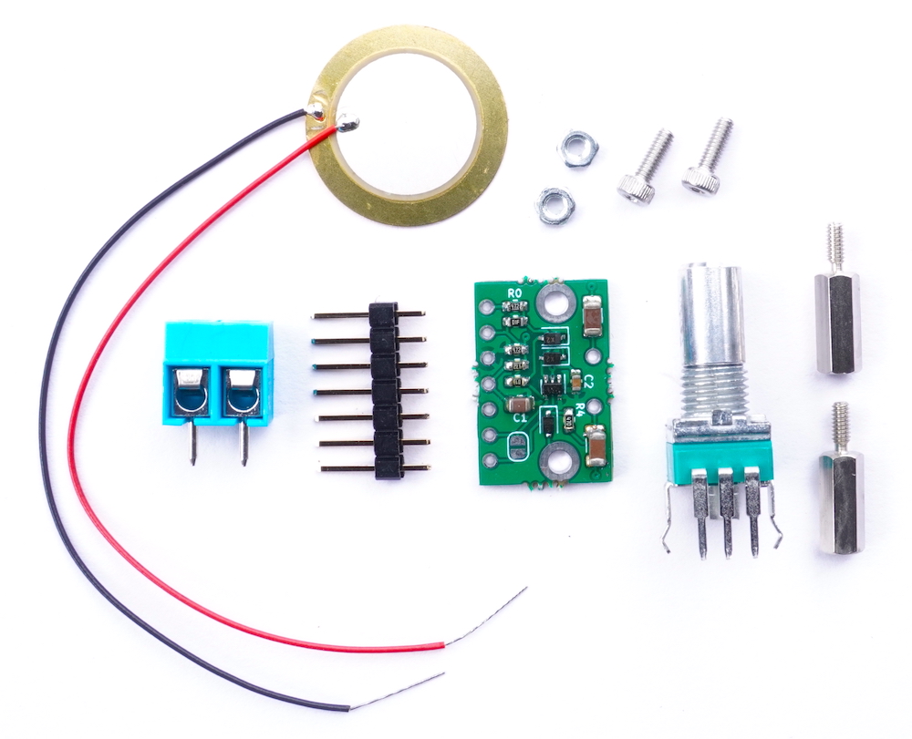 Main Product Image of Marshmallow DIY Kit (Externally Powered Kit), Piezo Preamp, Disc, Gain Knob, and Accessories